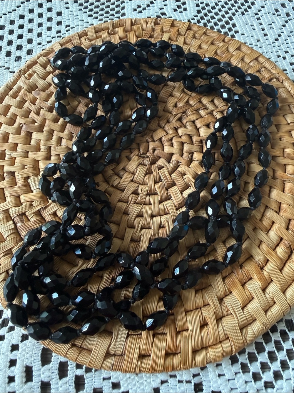 Vintage Black Glass Handknotted Faceted Beaded Necklace